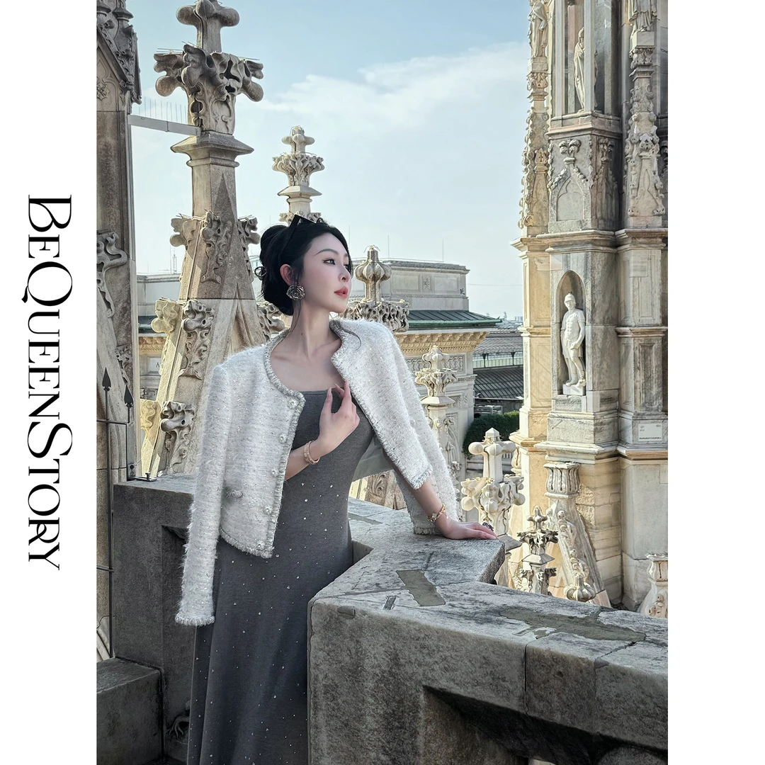 BeQueenStory【夺目白富美】定制重工设计感手缝织带短款小香外套