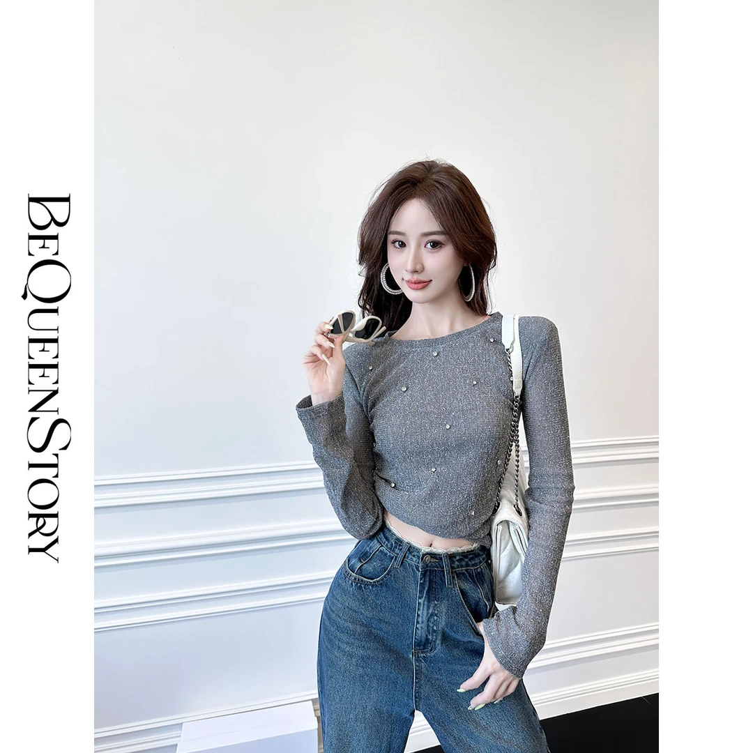 BeQueenStory【灰系银河】手工烫钻捏褶设计感圆领长袖打底衫2025