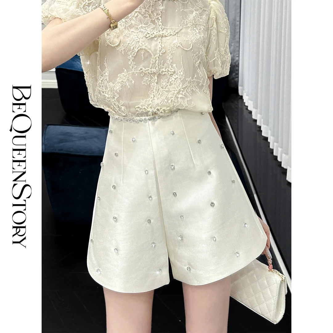 BeQueenStory【bling星河】时尚手工缝钻修身遮胯中高腰微A休闲短裤