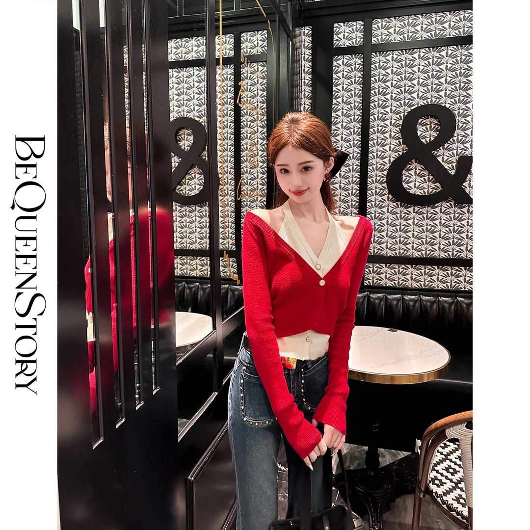 BeQueenStory【挚恋红珊瑚】时尚法式小香风撞色V领针织开衫上衣女