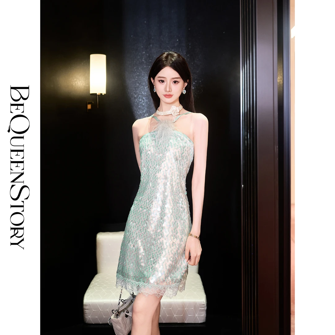 BeQueenStory【薄荷之夏】时尚可拆卸鸵鸟毛亮片冰丝凉感挂脖连衣裙