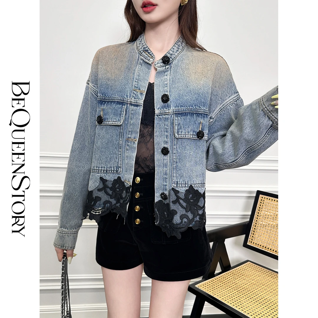 BeQueenStory【玫瑰画报】时尚拼接蕾丝立领牛仔外套时尚百搭新款