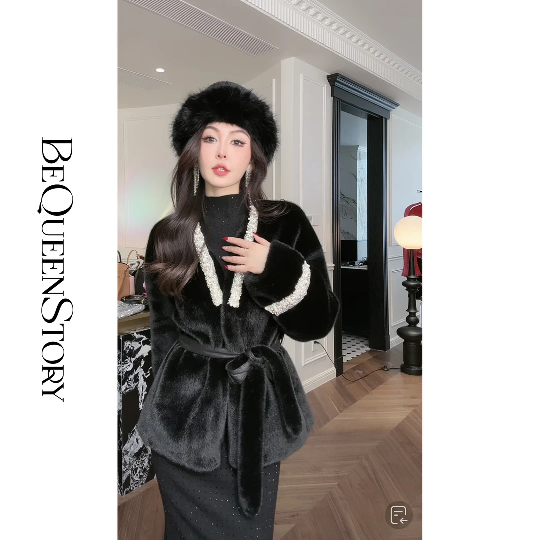 余潇潇【法香名媛】新中式气质名媛风钉珠秋冬毛毛外套