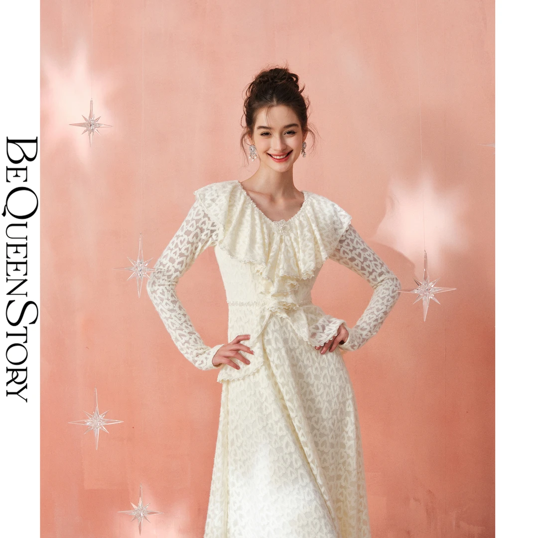 BeQueenStory【仙女座】温柔气质磨毛蕾丝长款荷叶领修身A摆连衣裙