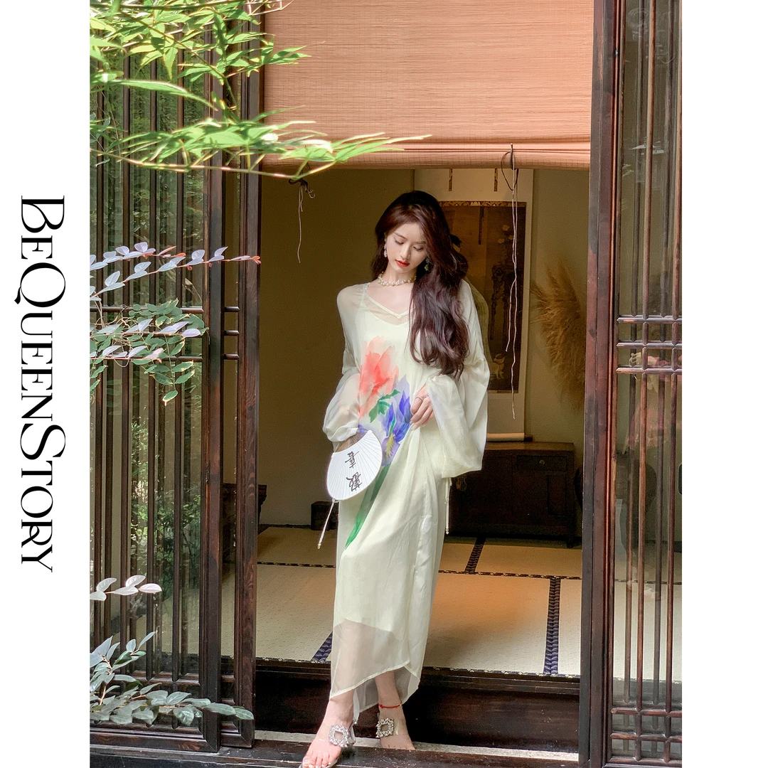 BeQueenStory【花间知否】真丝桑蚕丝缎面印花亲肤外搭罩衫连衣裙