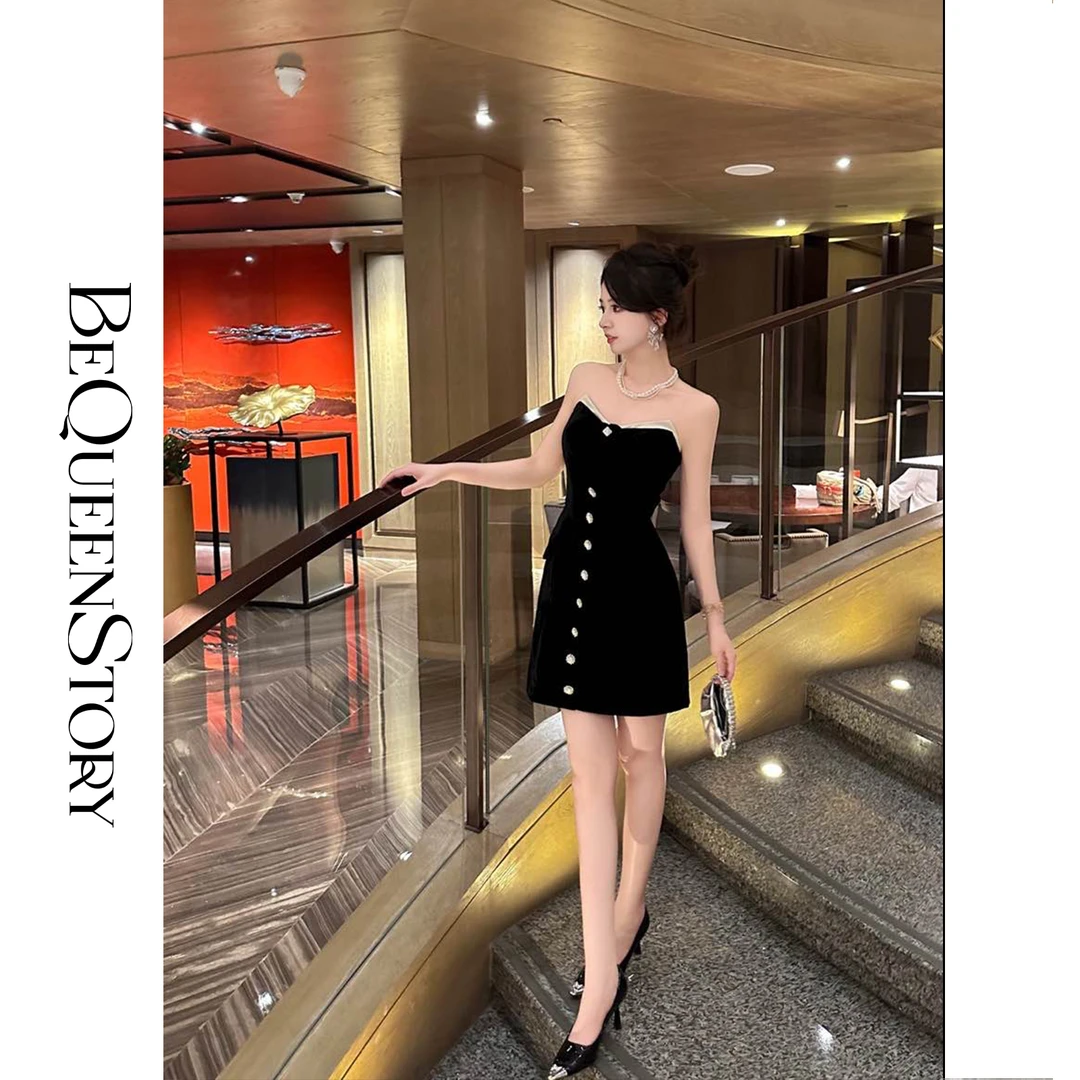 BeQueenStory【黑天鹅舞会】气质优雅黑色丝绒抹胸收腰连衣裙御姐风