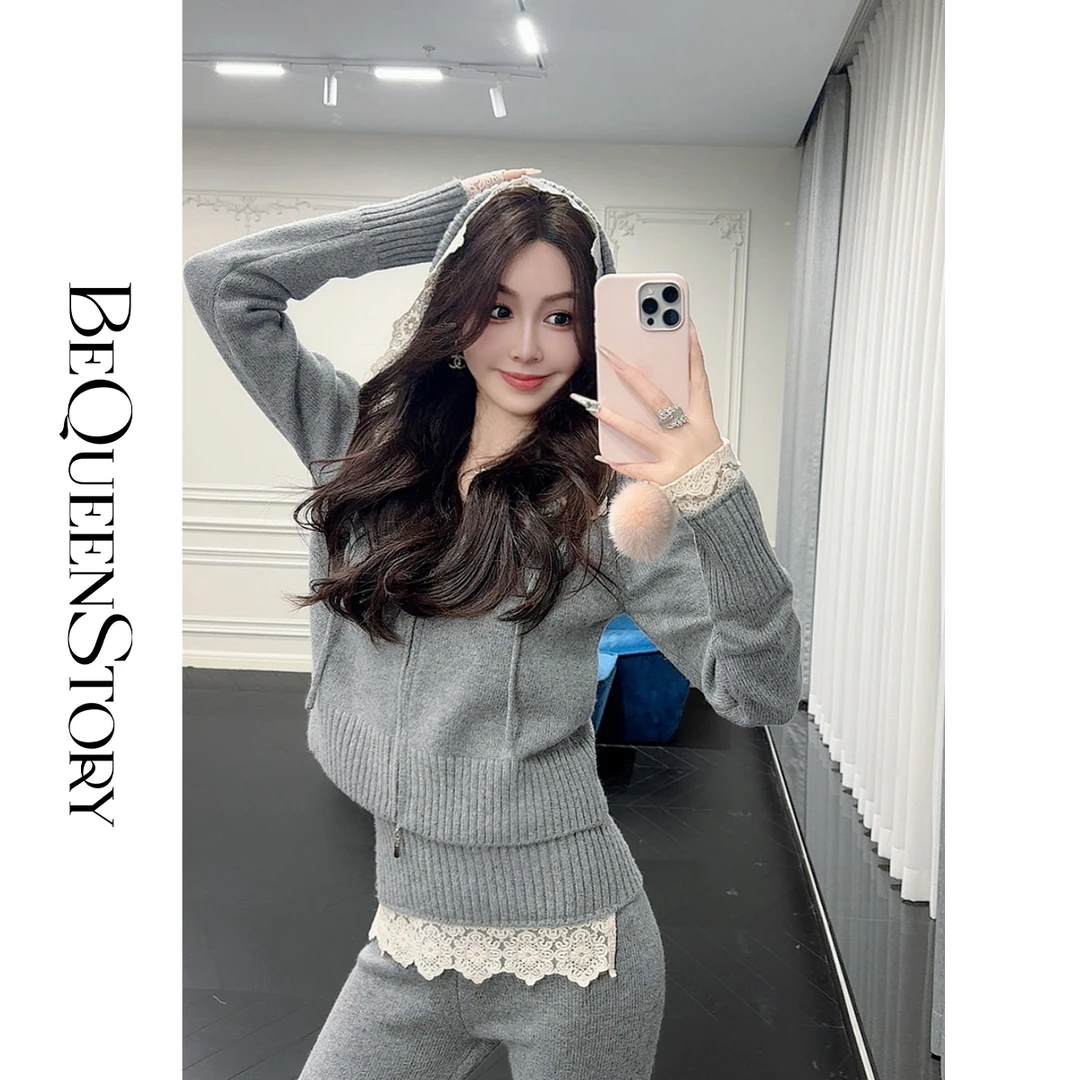 BeQueenStory【格雷花影】气质松弛感拼蕾丝上衣休闲裤时尚套装新款