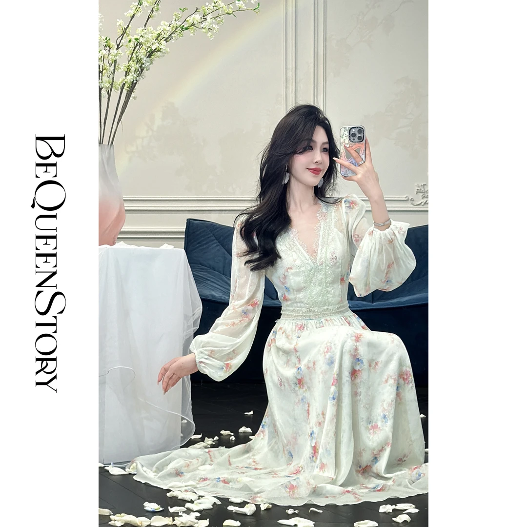 BeQueenStory【花城仙境】轻奢设计感法式仙气收腰连衣裙欧若风长裙