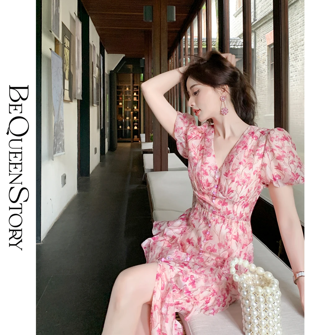 BeQueenStory【鸢尾狂想曲】复古法式气质显瘦碎花连衣裙新款