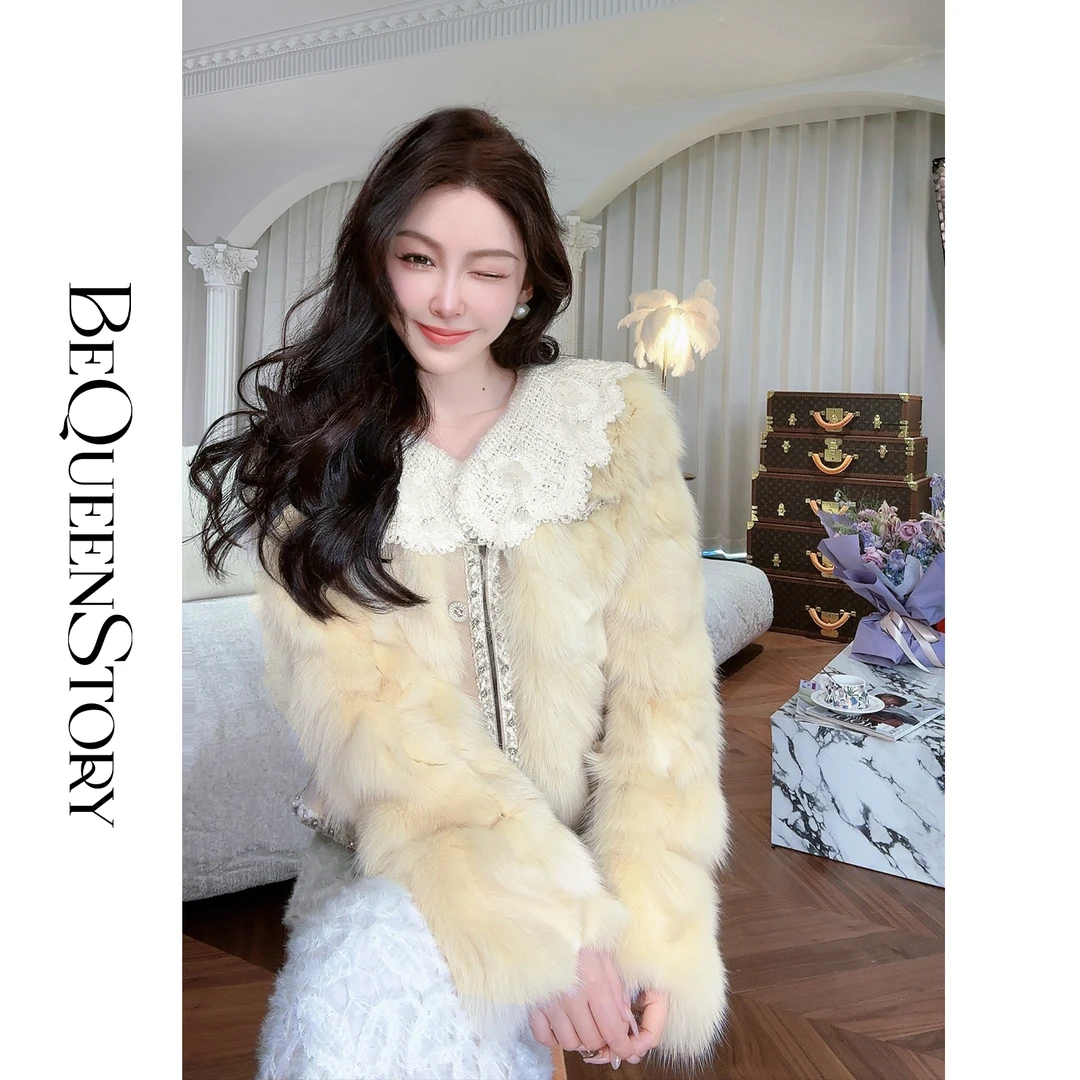 BeQueenStory【秀场之光】轻奢狐狸毛皮珠钻织带短款V领皮草外套