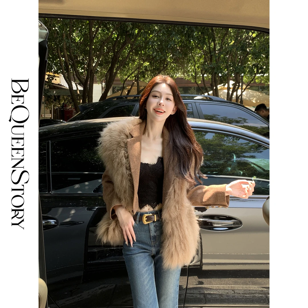 BeQueenStory【榛果摩卡】山羊绒皮毛一体厚实保暖亲肤V领马甲