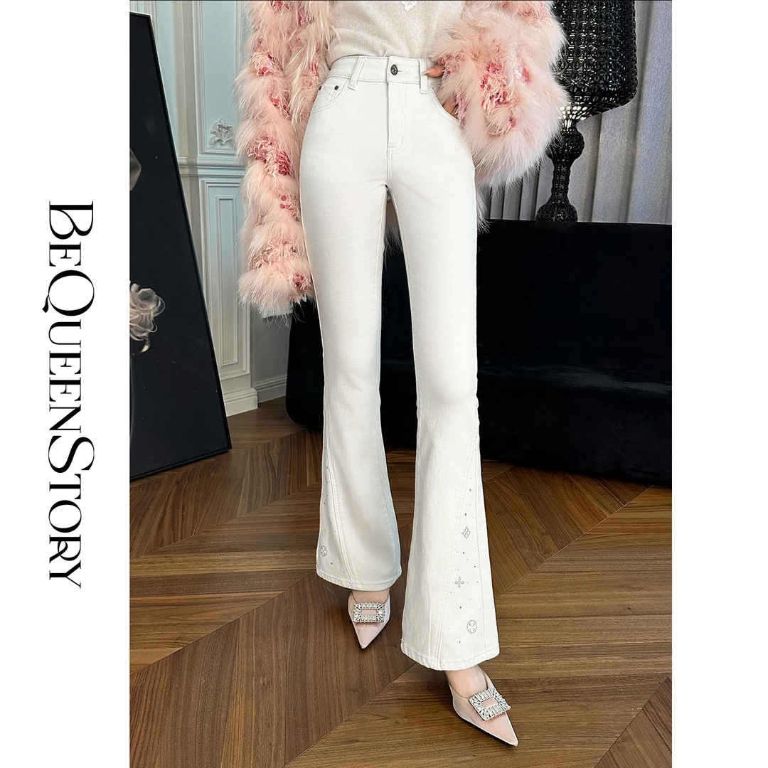 BeQueenStory【纯真年代】时尚百搭烫钻加厚显瘦高腰微喇纯色牛仔裤