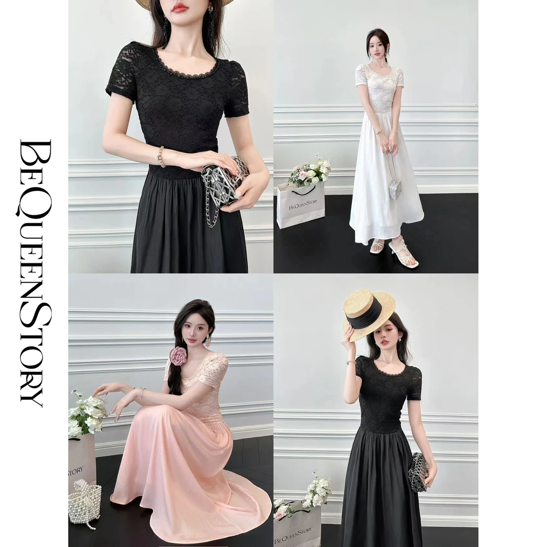 BeQueenStory【灿若夏花】夏季透气弹力蕾丝A字短袖伞裙连衣裙