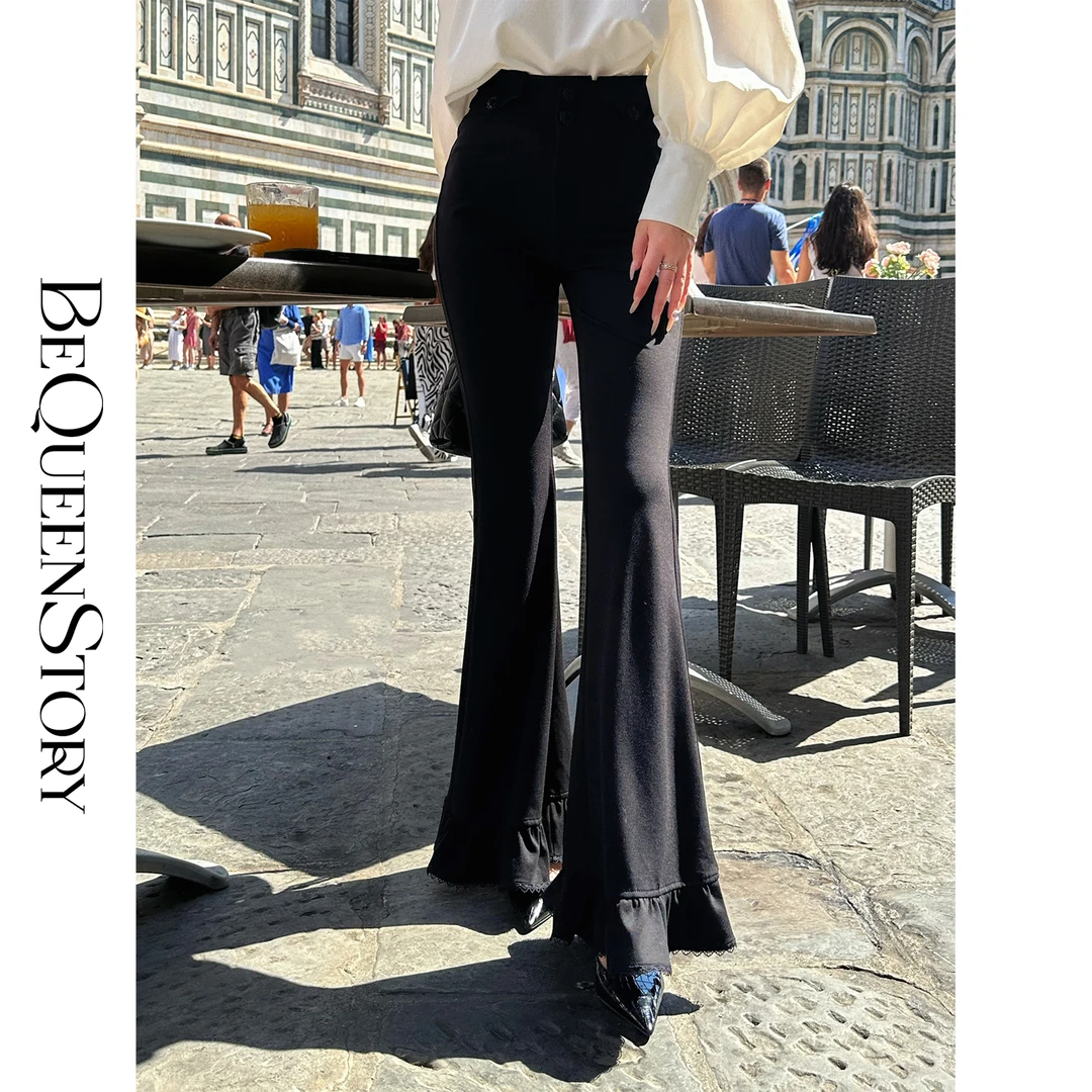 BeQueenStory【超优比例】弹力修饰腿型喇叭腿精裤黑裤子上班通勤