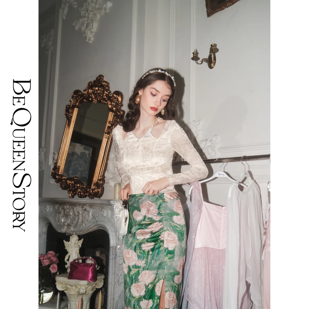 BeQueenStory【月影花朝】光泽弹力绣花蕾丝珠链挖肩修身显瘦上衣