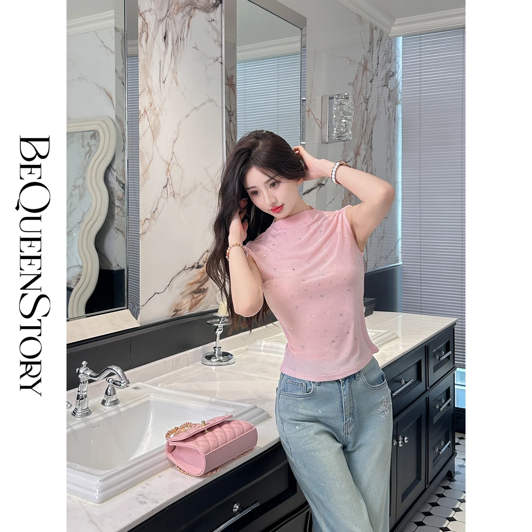 BeQueenStory【温柔星辉】满天星烫钻醋酸盖袖上衣通勤高级感新款