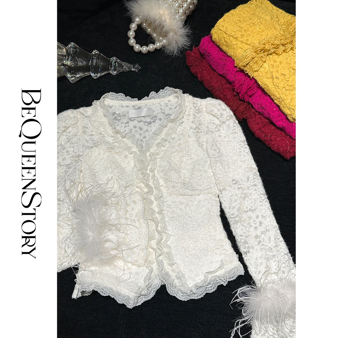 BeQueenStory【塞纳旋律】时髦蕾丝亮片拼接可脱卸毛打底衫新款