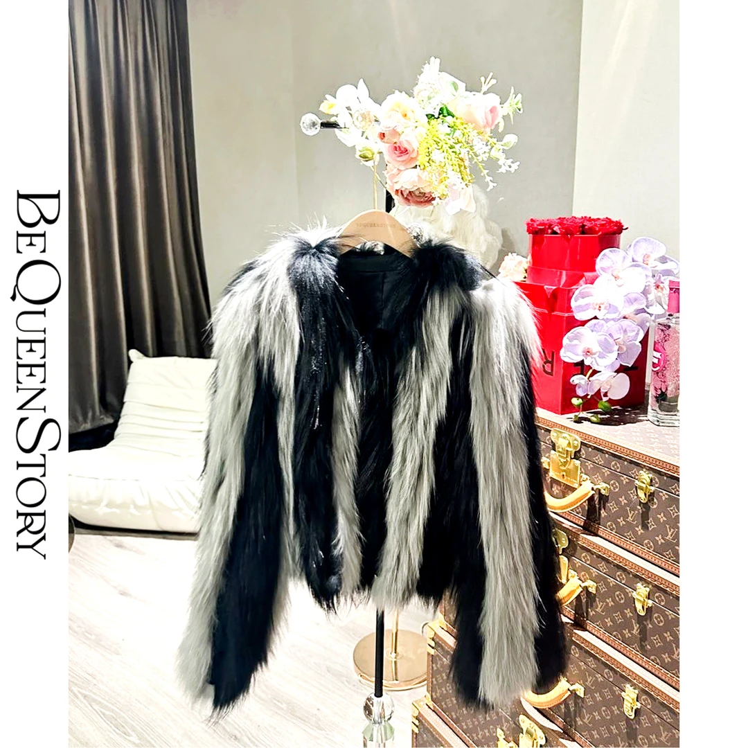 余潇潇【银河序曲】轻奢重工名媛风撞色狐狸毛草草外套女秋冬