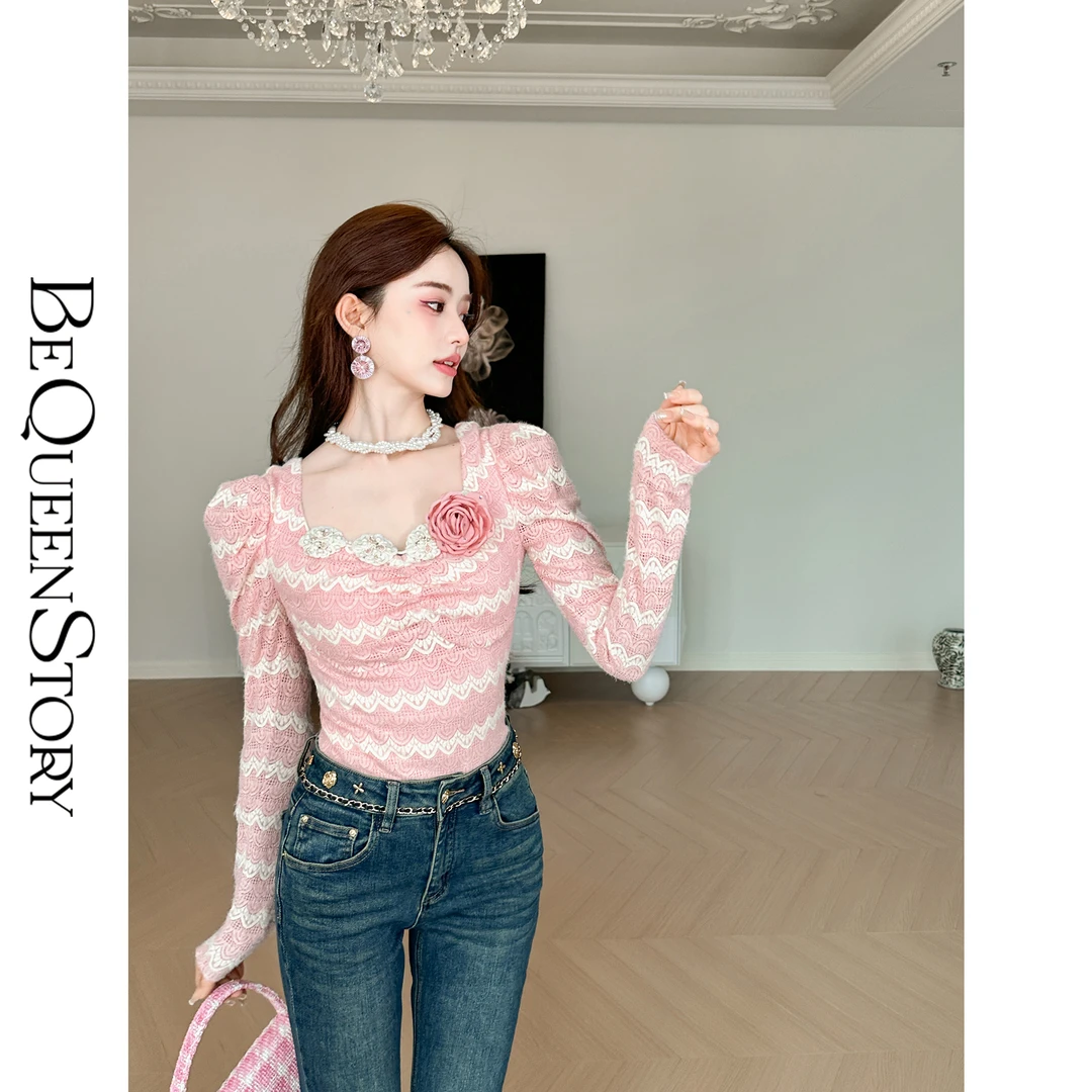 BeQueenStory【奶油太妃】磨毛蕾丝拼接牛奶丝U领上衣配可拆卸花朵