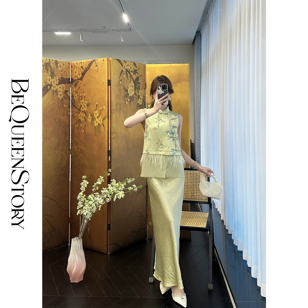 BeQueenStory【富春山居】新中式桑蚕丝刺绣鸵鸟毛上衣&醋酸半裙