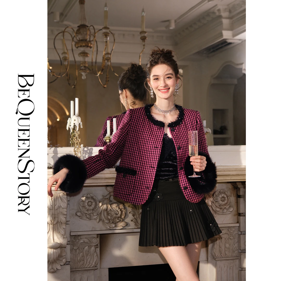 BeQueenStory【黑玫公爵】复古摩登气质毛边圆领小香风外套小个子