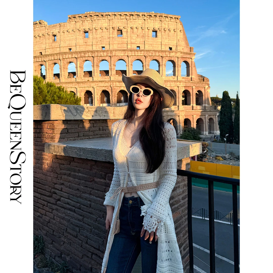 BeQueenStory 【迷梦卢浮宫】手工钩花百搭镂空层次感V领长款开衫