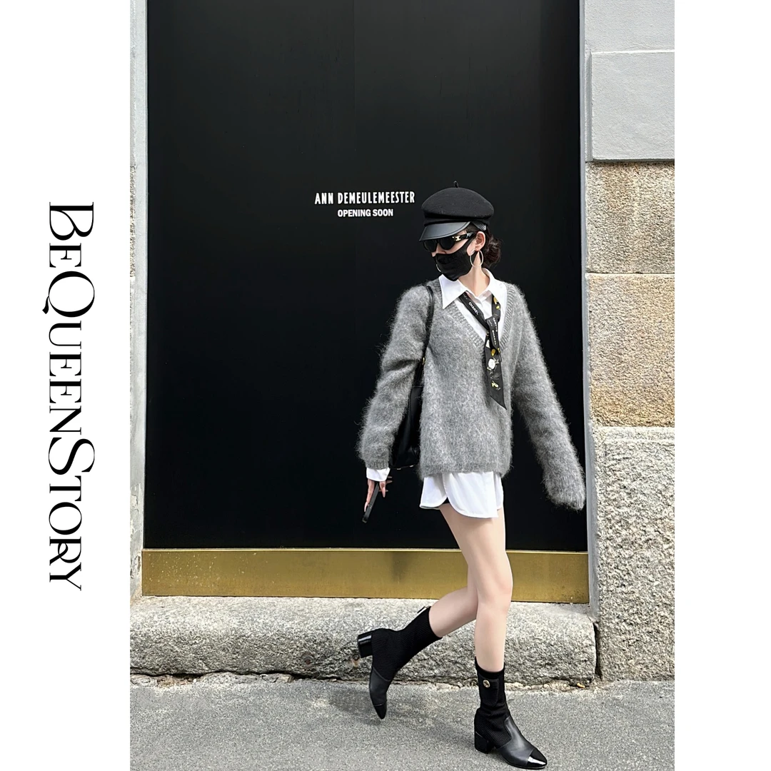 BeQueenStory【米兰往事】气质慵懒风马海毛长袖宽松针织上衣新款