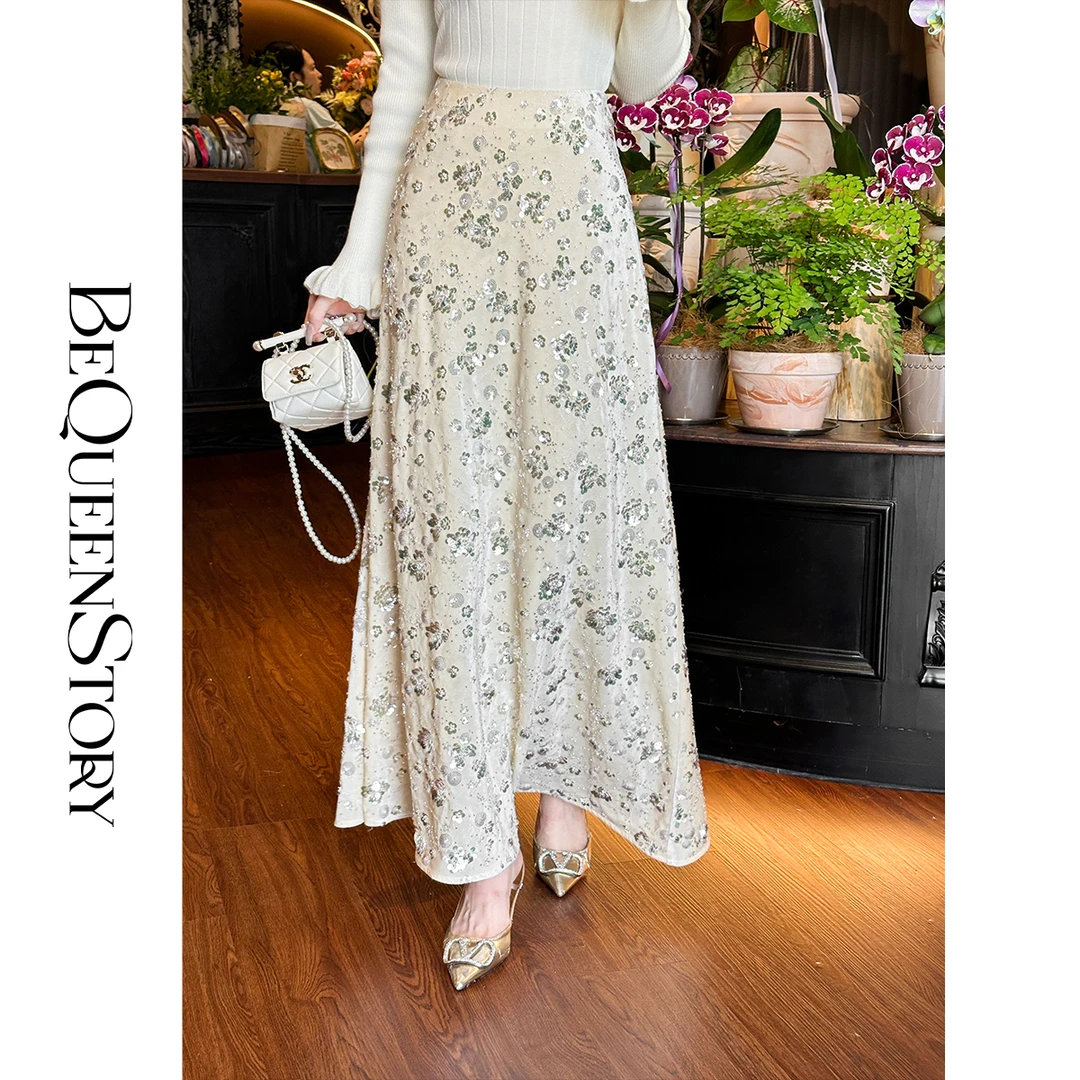 BeQueenStory【奶油星光】轻奢重工丝绒亮片显瘦A字半身裙新款