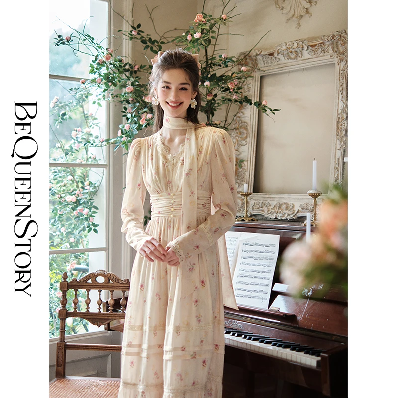 BeQueenStory【花蔷心事】气质精美顺纡绉提花V领羊腿袖收腰连衣裙
