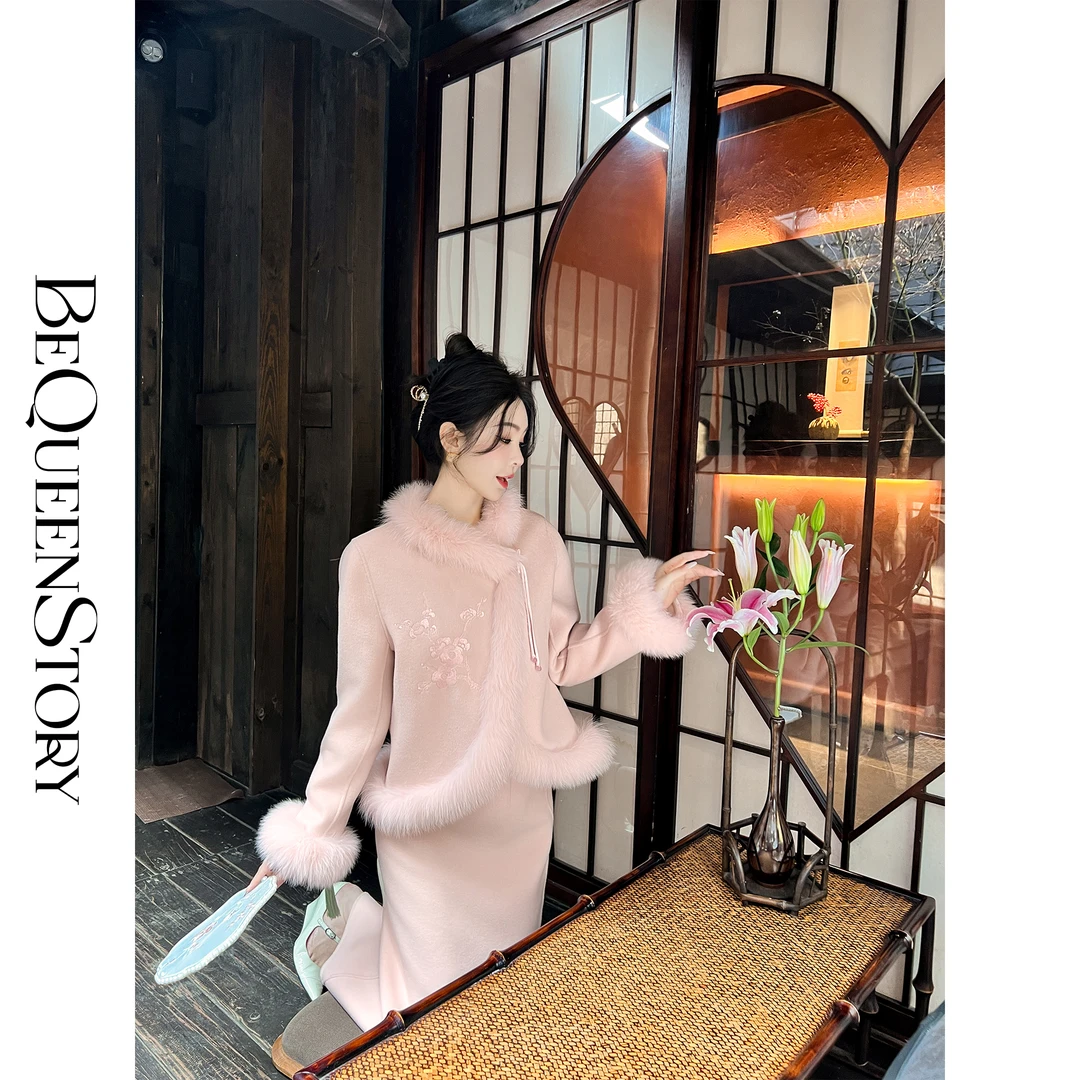余潇潇【梅香如故】高支全羊毛双面呢拼狐狸毛外套&半裙新中式冬装