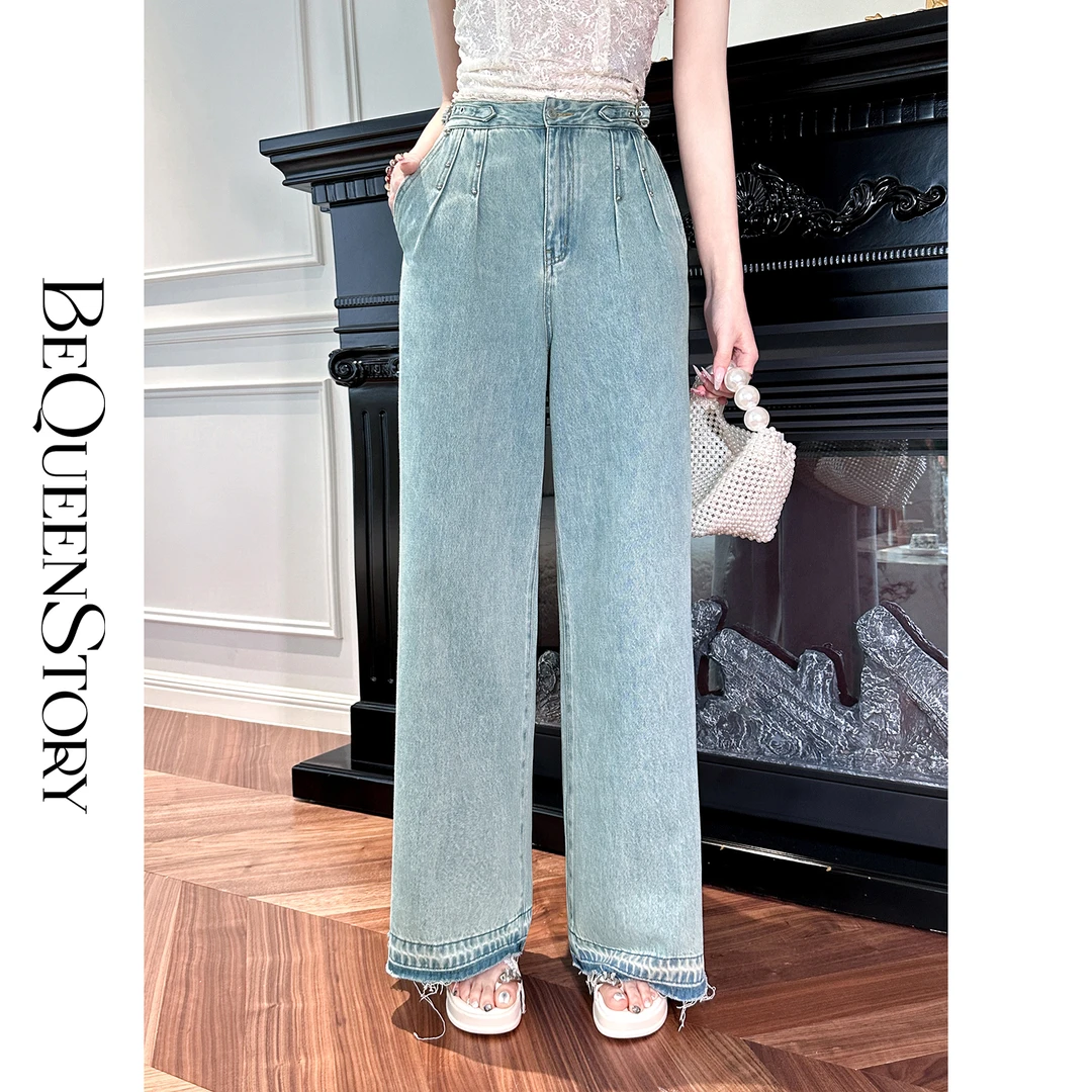 BeQueenStory【雾色庄园】设计感收褶打钉阔腿直筒裤高腰复古牛仔裤