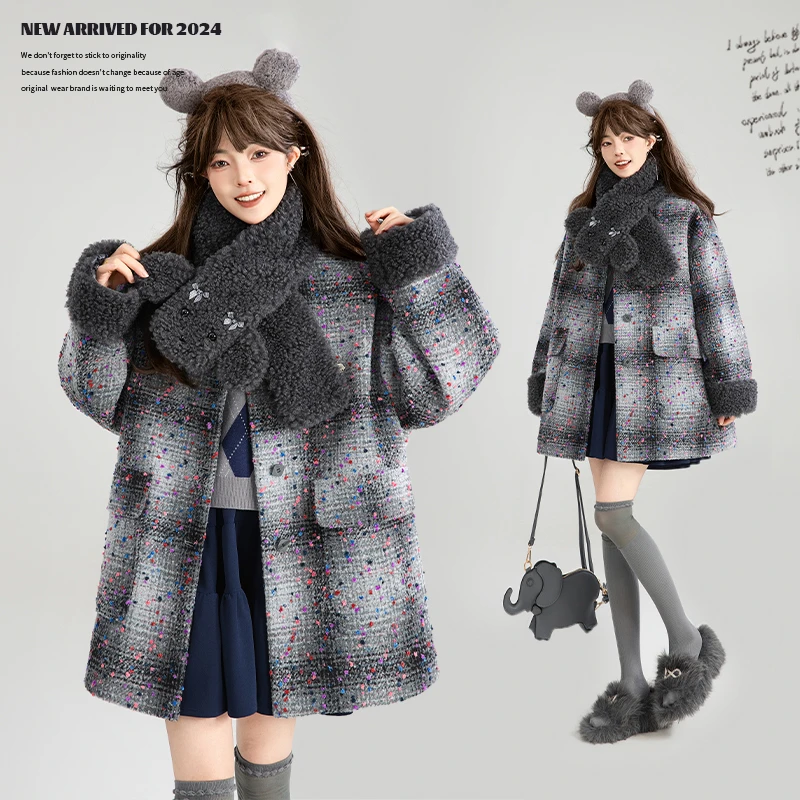 KEIKO 格雷系彩点提花灰色羊毛呢大衣秋冬复古羊毛混纺宽松外套