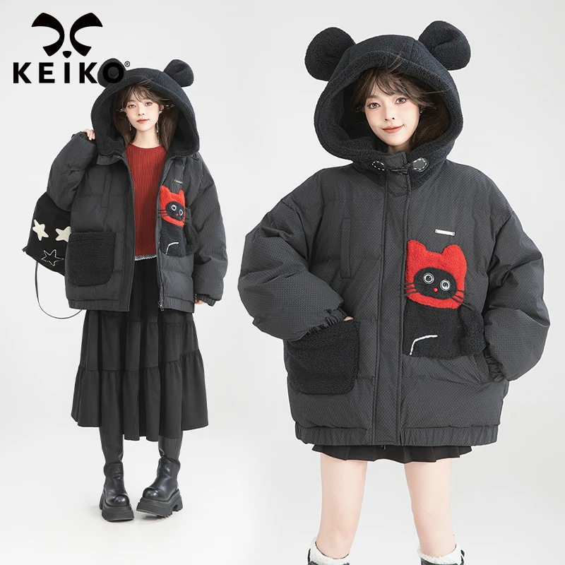KEIKO 可爱毛绒连帽黑色短款棉服女24冬季萌宠贴布加厚保暖外套
