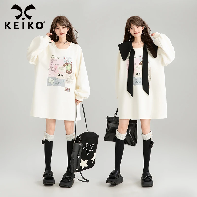 KEIKO [赠系带云肩]奶呼呼印花卫衣裙秋冬宽松减龄小个子连衣裙