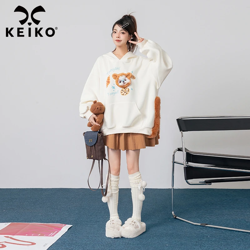 KEIKO 奶系穿搭卡通连帽卫衣女厚2024秋冬韩系慵懒风oversize卫衣