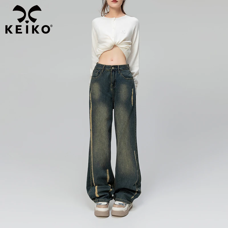 KEIKO 复古磨烂直筒牛仔裤女2024秋冬垂感高腰宽松阔腿拖地裤子