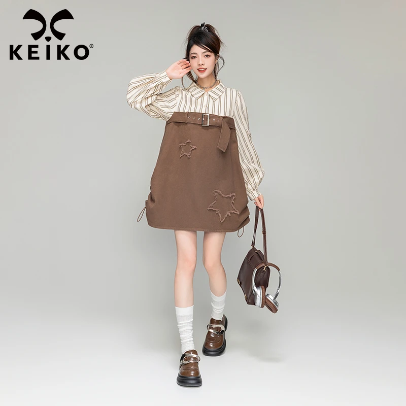 KEIKO 小众设计酷感拼色连衣裙23秋季美拉德风高级感假两件牛仔裙