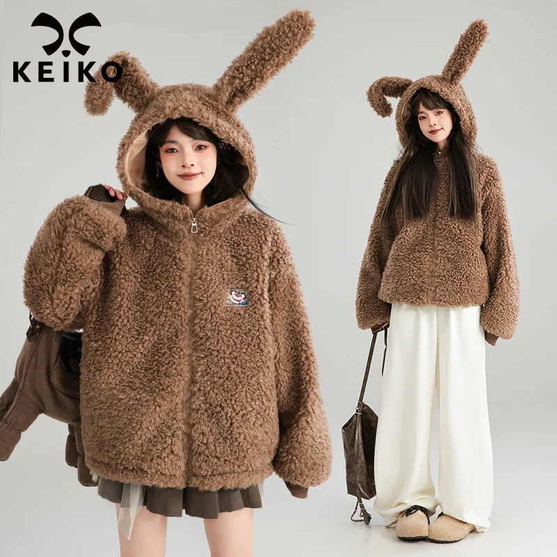 KEIKO 可爱兔耳朵连帽外套女冬季加厚毛绒绒棉服棉袄