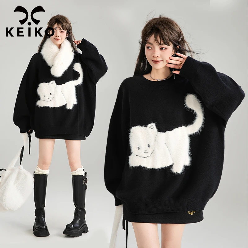KEIKO 萌猫提花黑色针织衫女2024秋冬新款软糯圆领套头宽松毛衣