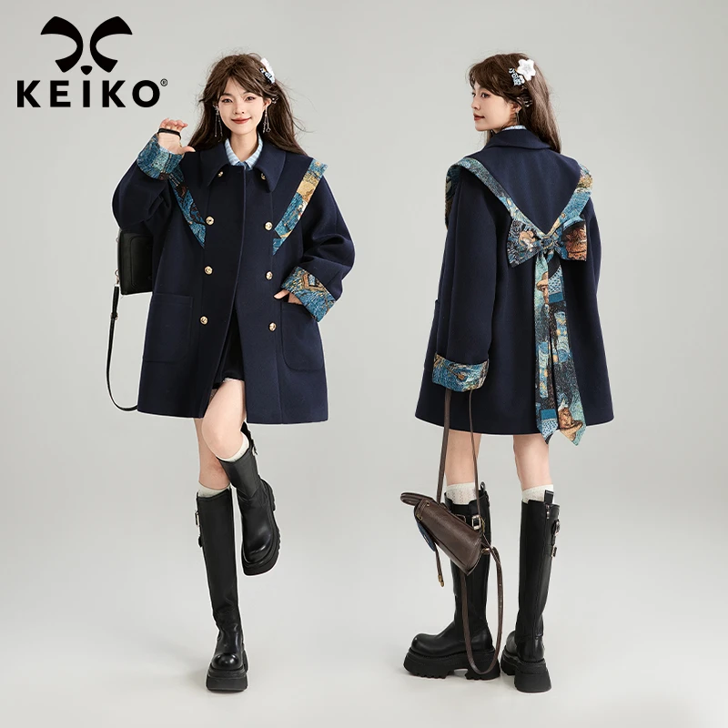 KEIKO蝴蝶结girl 复古提花云肩毛呢外套秋冬气质双排扣呢子大衣