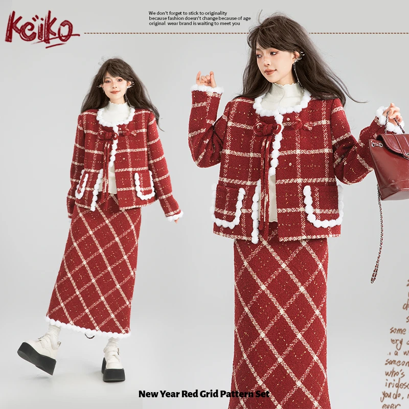 KEIKO 嵌丝花呢红色毛呢套装冬季圣诞新年系列千金穿搭格纹短外套