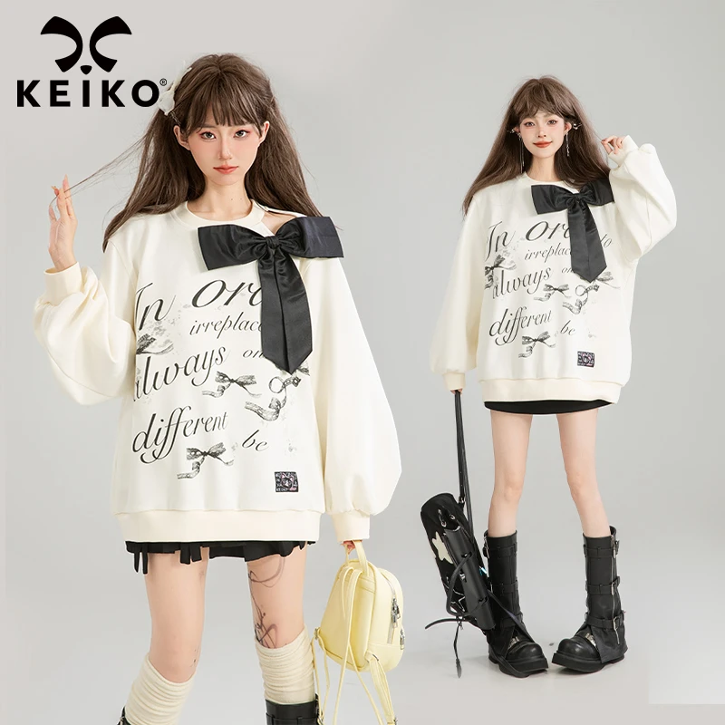 KEIKO [加密绒]少女心蝴蝶结扎花卫衣25早秋美式复古印花圆领上衣