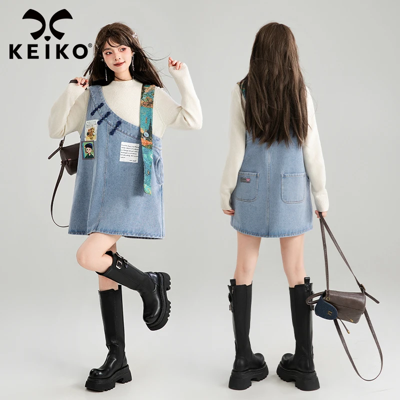 KEIKO 小众设计斜肩牛仔背带裙秋季艺术感贴布印花A字连衣裙