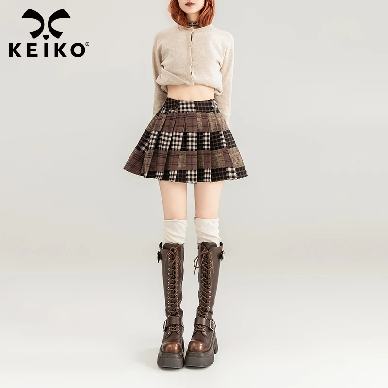 KEIKO复古格子半身裙jk百褶裙2024早春酷感辣妹高腰显瘦A字短裙子