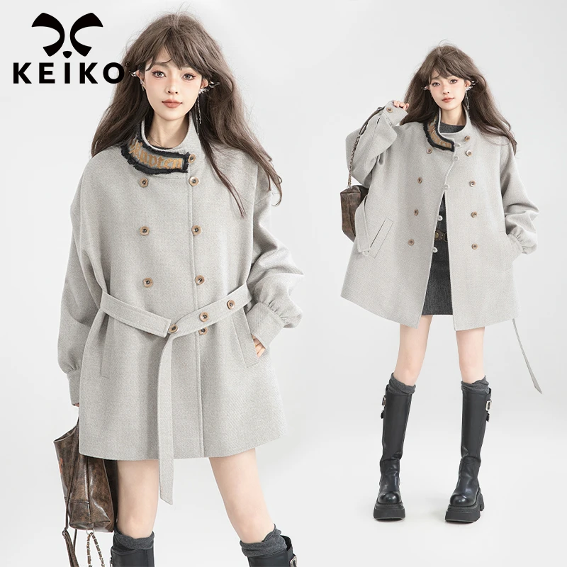 KIEKO 格雷系灰色立领毛呢外套秋冬赫本风小个子双排扣系带大衣