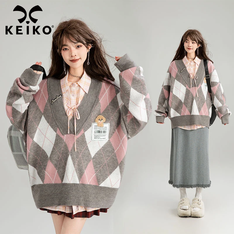 KEIKO 格雷系减龄复古V领菱格毛衣女秋冬学院风慵懒宽松针织衫