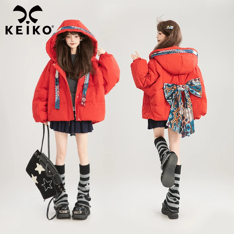 KEIKO 提花蝴蝶结饰红色短款棉服女冬季氛围感加厚连帽面包服