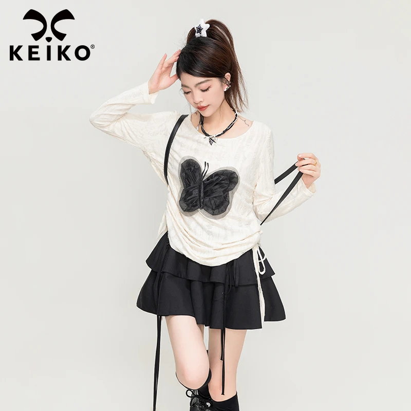 KEIKO 蝴蝶剪影绣花长袖t恤秋季设计感磨烂大圆领显瘦上衣打底衫