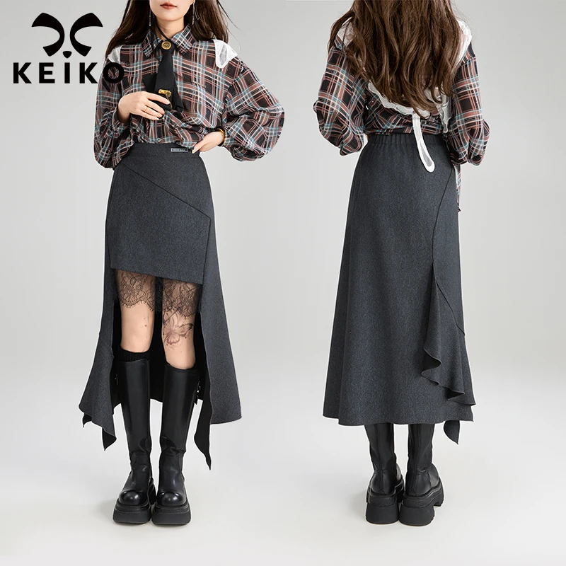 KEIKO不规则裁剪A字半身裙24秋冬前短后长显高显瘦鱼尾包臀长裙子