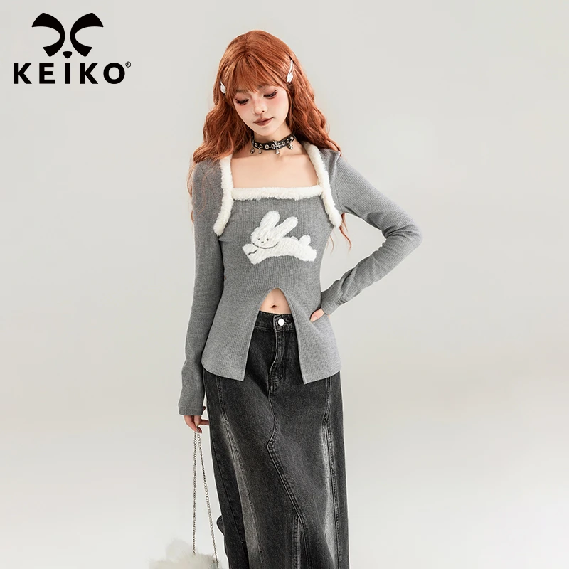 KEIKO 纯欲风兔子贴花针织上衣秋季甜辣妹方领显瘦短款长袖T恤